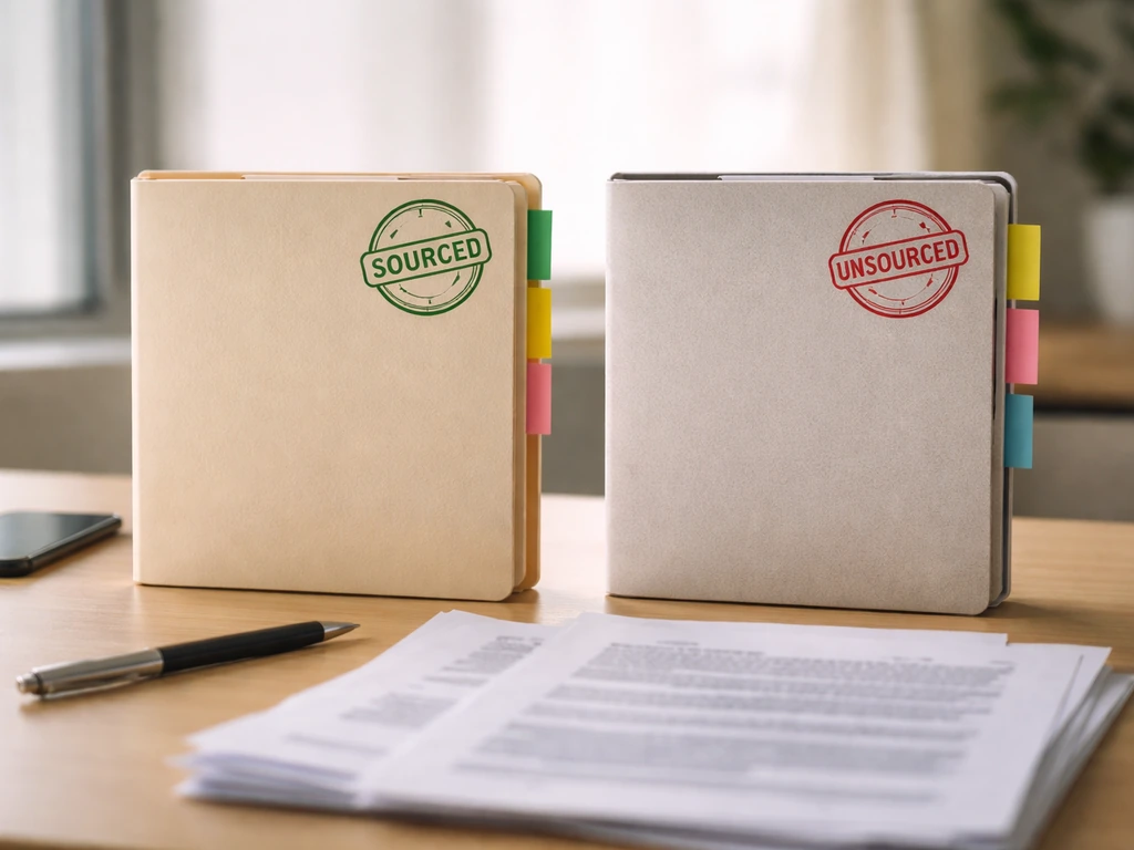 Close-up of an office desk with two marked folders showing sourced and unsourced clues, no readable text.