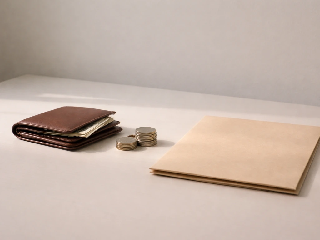 Minimal desk scene showing a small wallet with cash and a closed folder of documents, symbolizing assets vs liabilities.