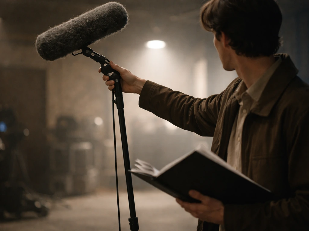 Film set worker in costume adjusting a studio microphone, symbolizing acting as the income engine