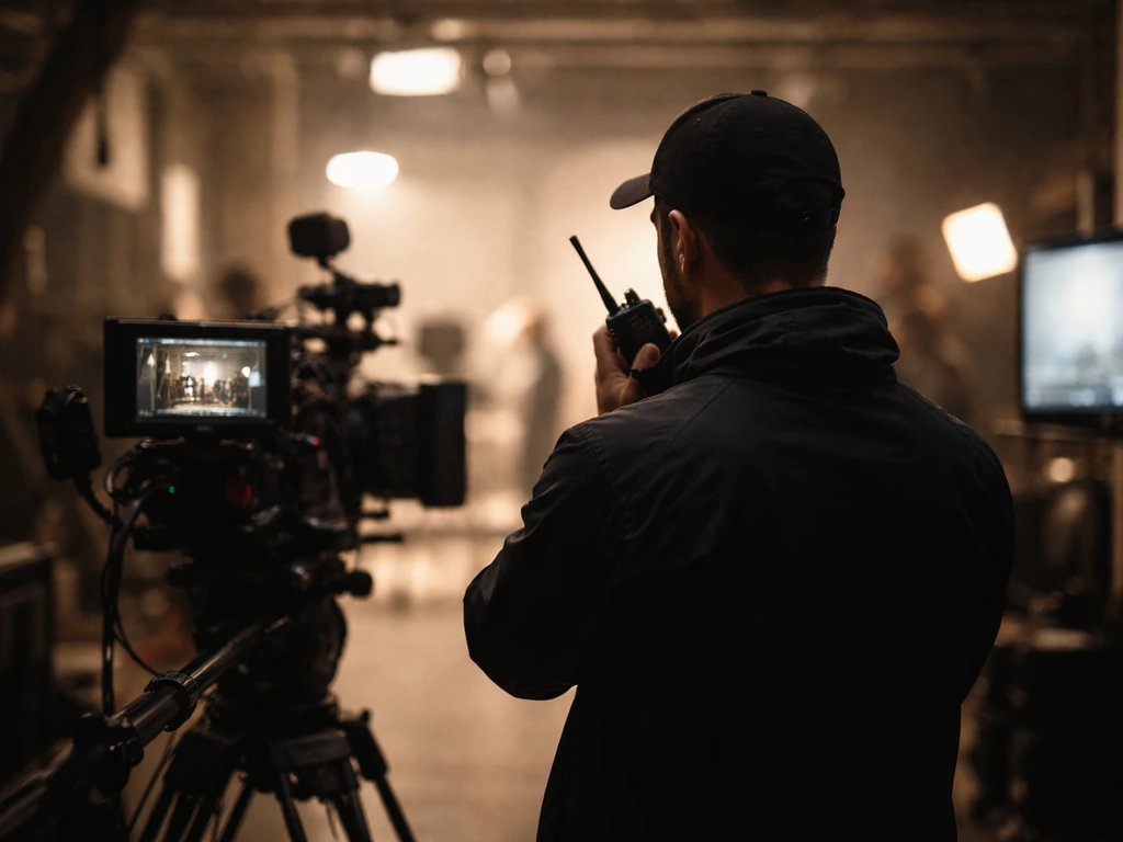 Generic film director/producer stands behind a camera rig on set holding a walkie-talkie.