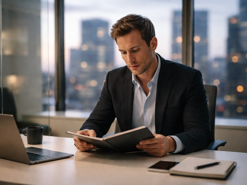 Dan Schulman-like executive in a modern office overlooking a city at dusk, suited and focused.