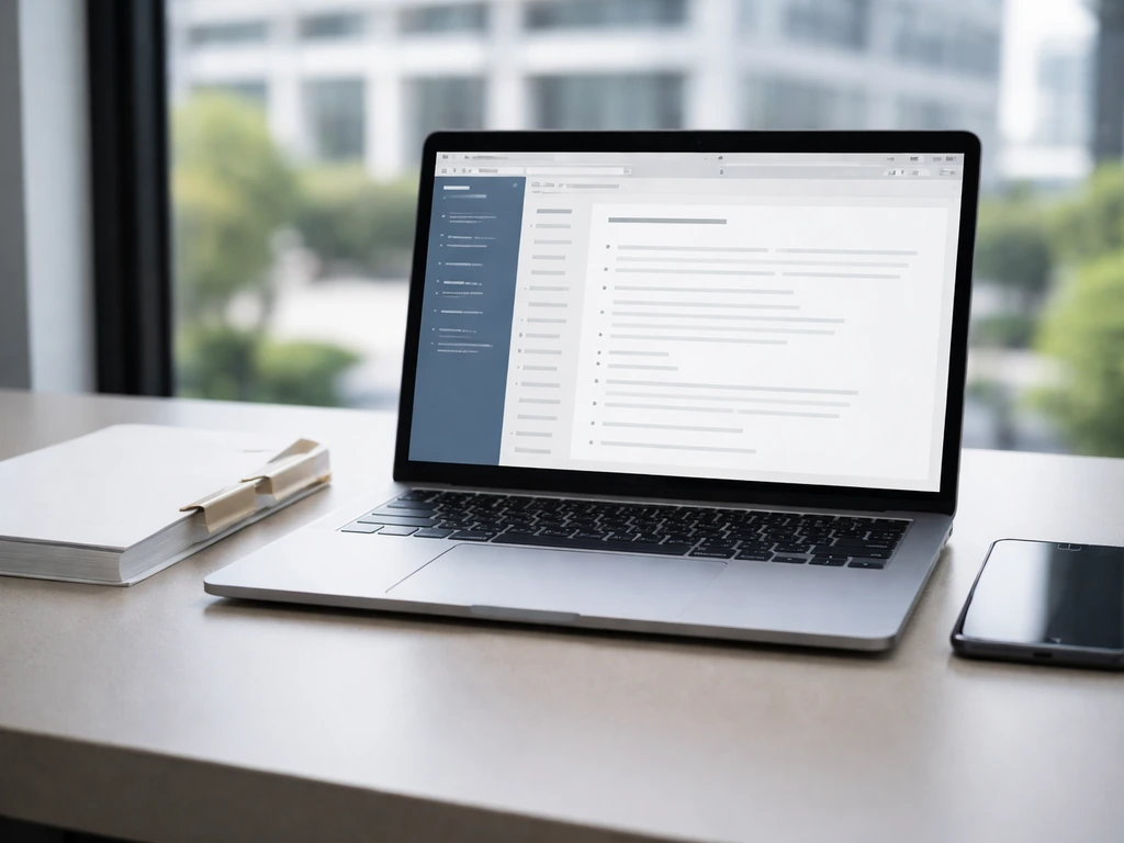 Minimal office scene with laptop showing a blank SEC-style filing page concept, symbolizing public sources verification.