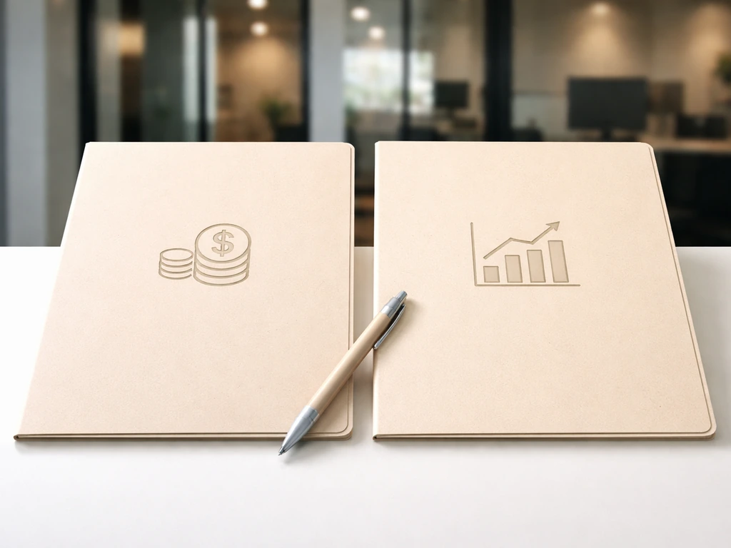Minimal desk scene showing two folders labeled by icons, suggesting base salary/bonuses vs equity awards.