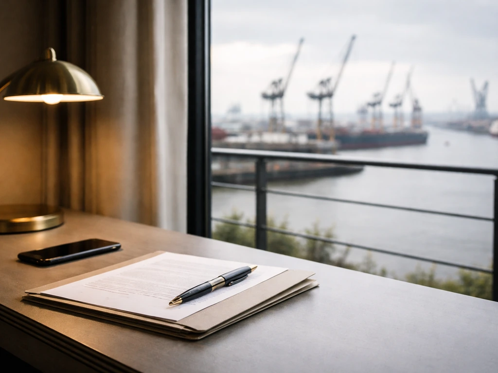 Split-screen style office desk with documents and a quiet harbor/shipyard view through a window, no people.