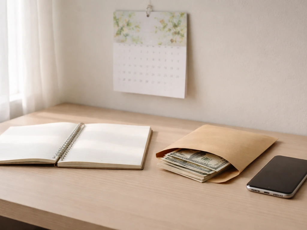 Minimal finance-themed scene with a desk calendar page and a cash envelope, suggesting an as-of estimate