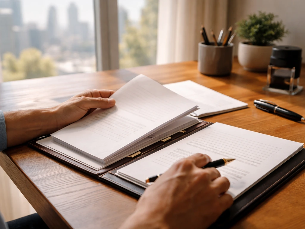 Hands review blank investment documents on a wooden desk with a portfolio folder and pen.