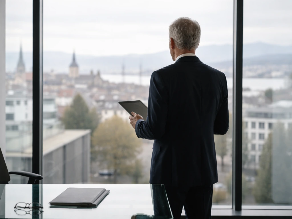 Anonymous executive in a modern office with city and industrial buildings softly visible through windows.