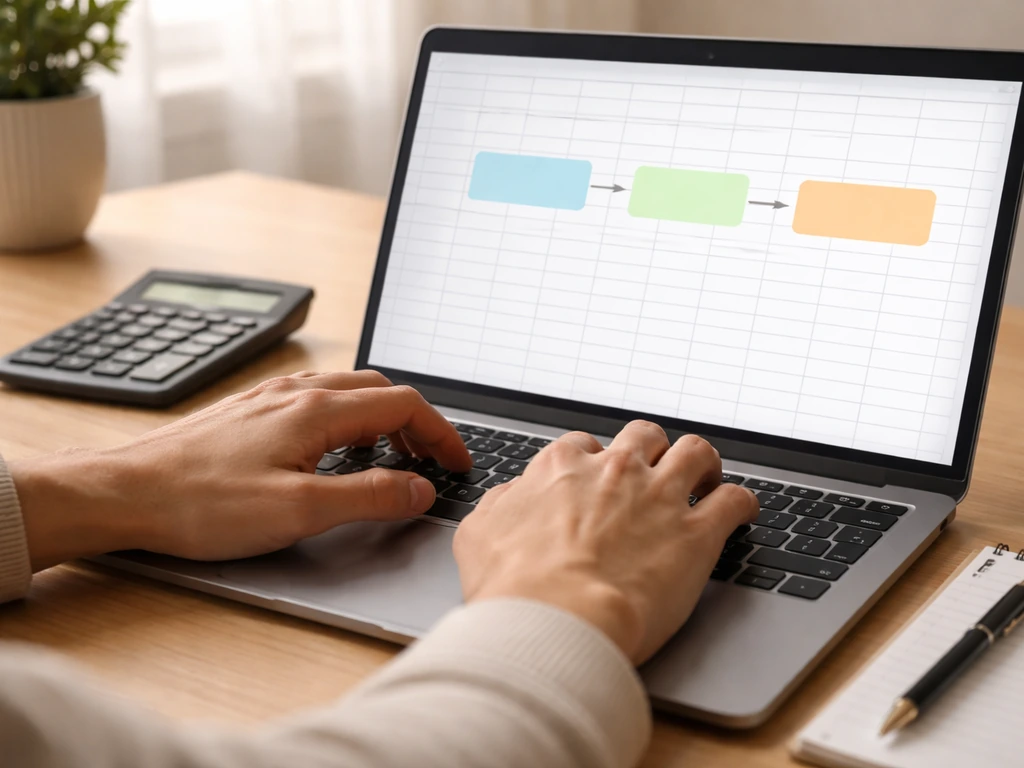 Anonymous hands typing at a laptop with a minimal spreadsheet-like formula for calculating a stake value.