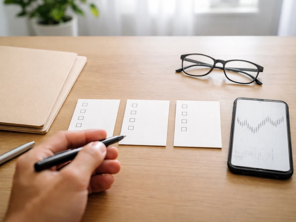 Minimal desk scene with checklist-style cards and a smartphone showing official-looking market data symbols