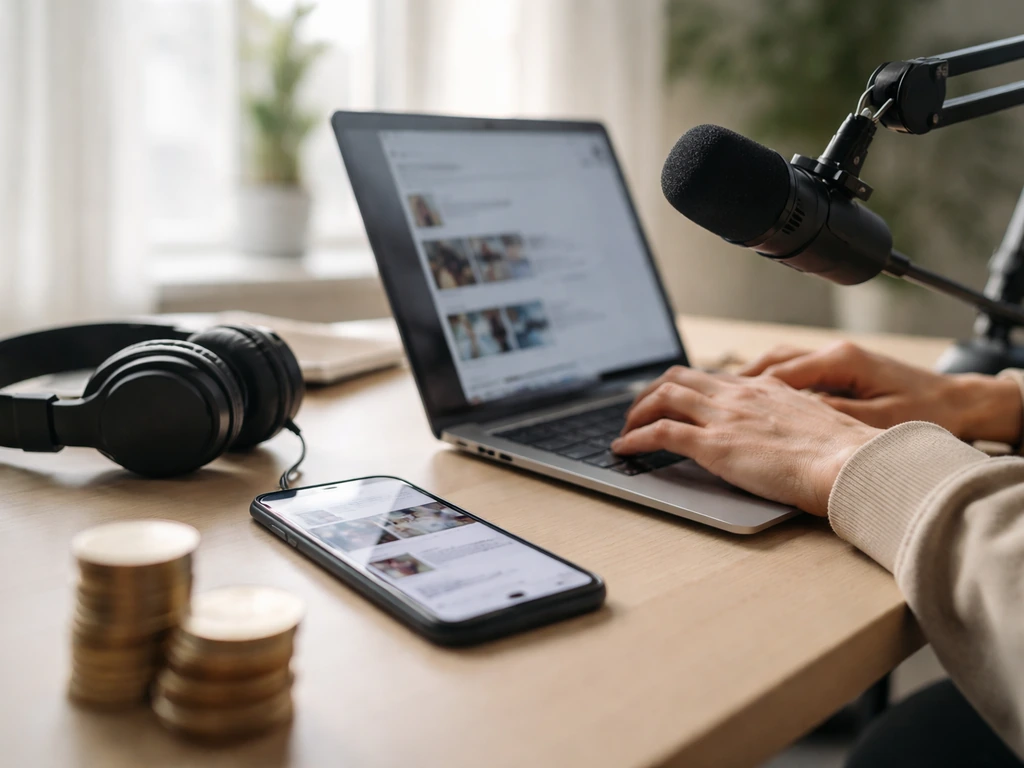Anonymous hands at a studio desk with a mic, phone feed, and coins symbolizing creator wealth.