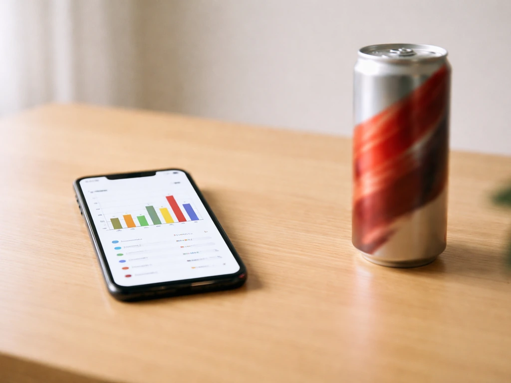 Minimal desk scene with a smartphone showing generic ad impressions and a branded drink can-style campaign image