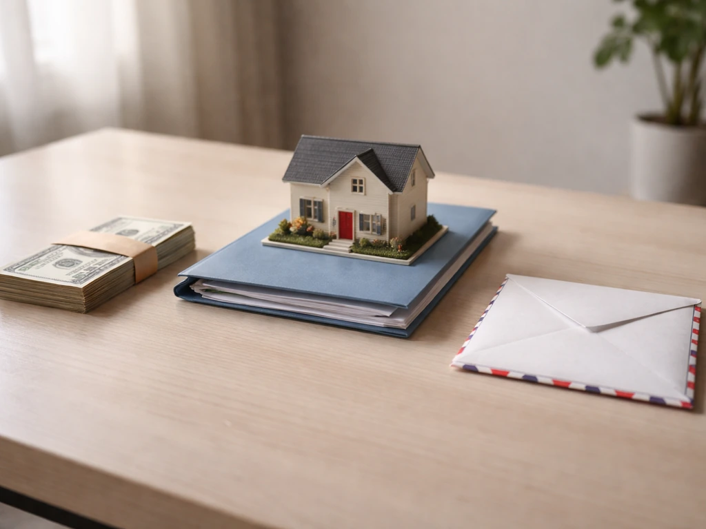 Minimal desk scene with cash, house documents, and a debt envelope representing assets minus liabilities
