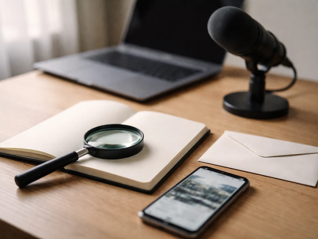 Desk scene with magnifying glass, blank notebook, and smartphone indicating steps to verify claims.