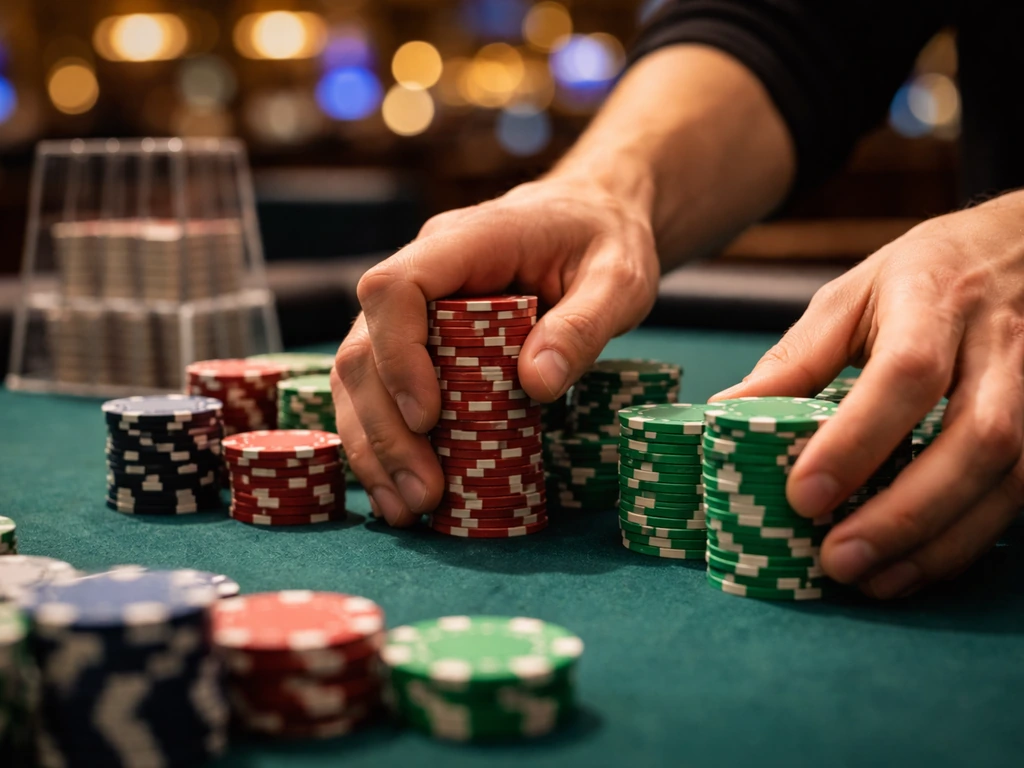 Anonymous poker player’s hands deal chips on a casino table at a live poker event
