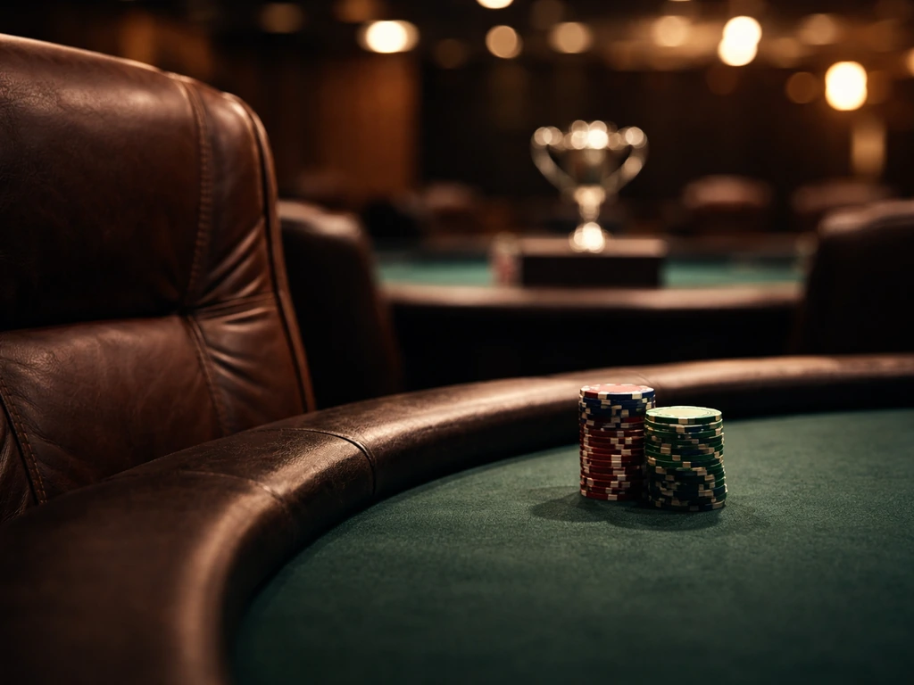 Stacked poker chips on dark felt with a trophy-like silhouette in a softly lit casino hall backdrop.