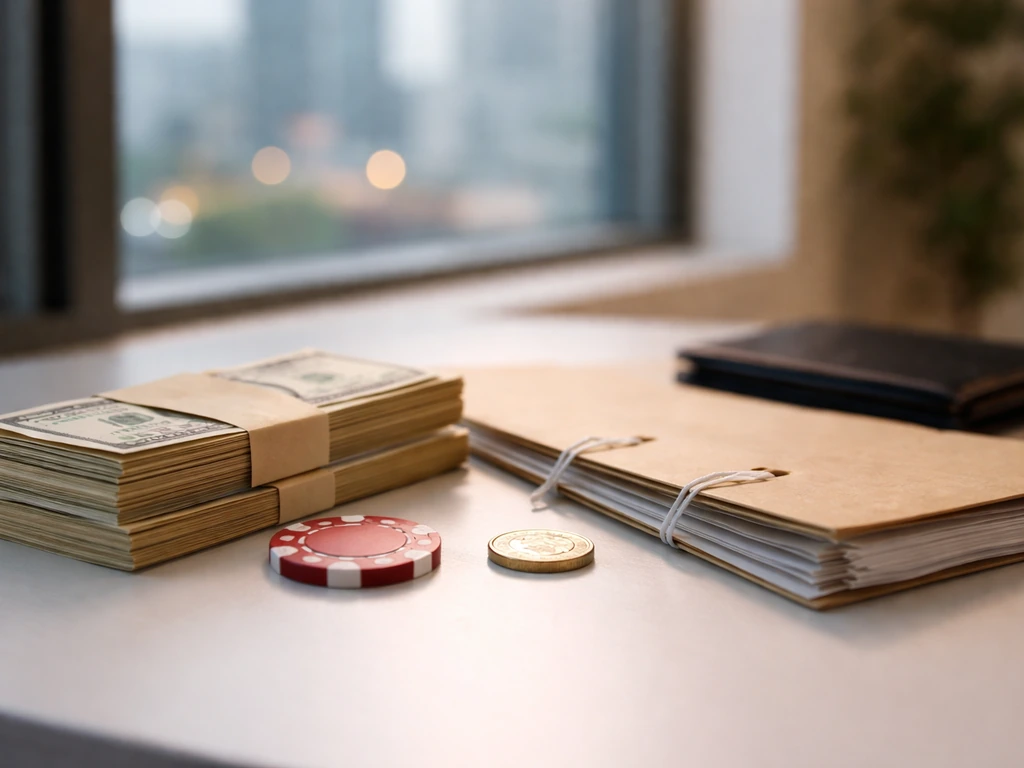 Poker chip, coins, and envelopes on a desk with an office-window background, suggesting assets and taxes.