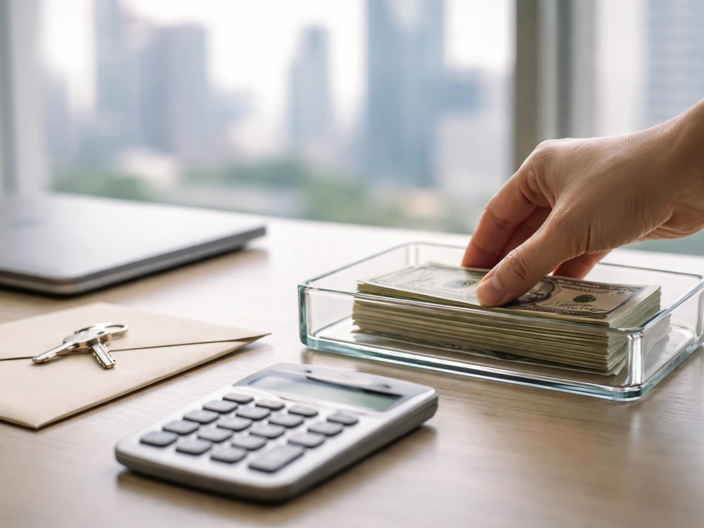 Hand places cash by calculator and laptop on a simple finance desk with a city view through a window.