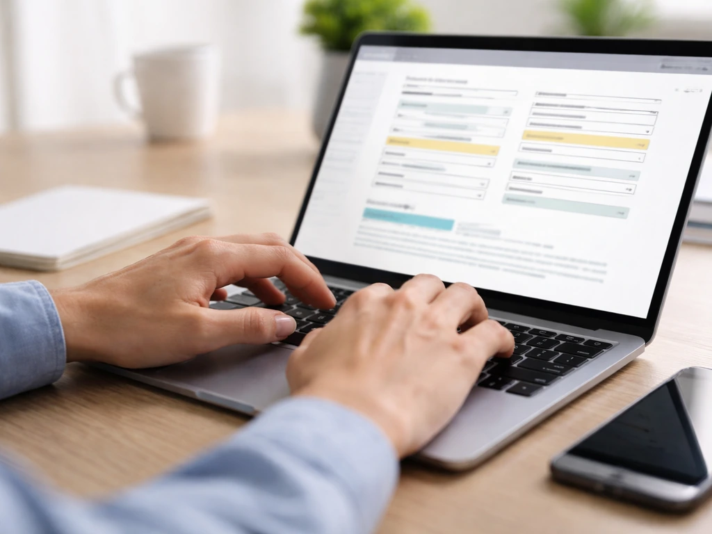 Close-up of a laptop showing blurred registry search highlights beside a phone on a bright office desk.