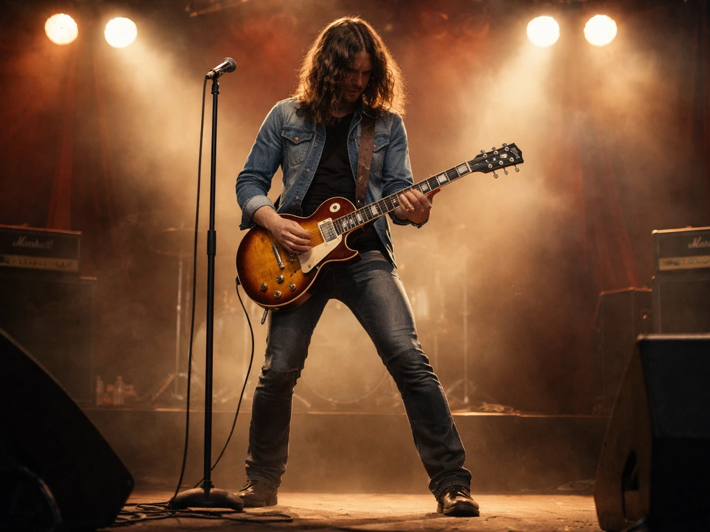 Rock guitarist in a Boston-themed stage setting with vintage gear and warm concert lighting