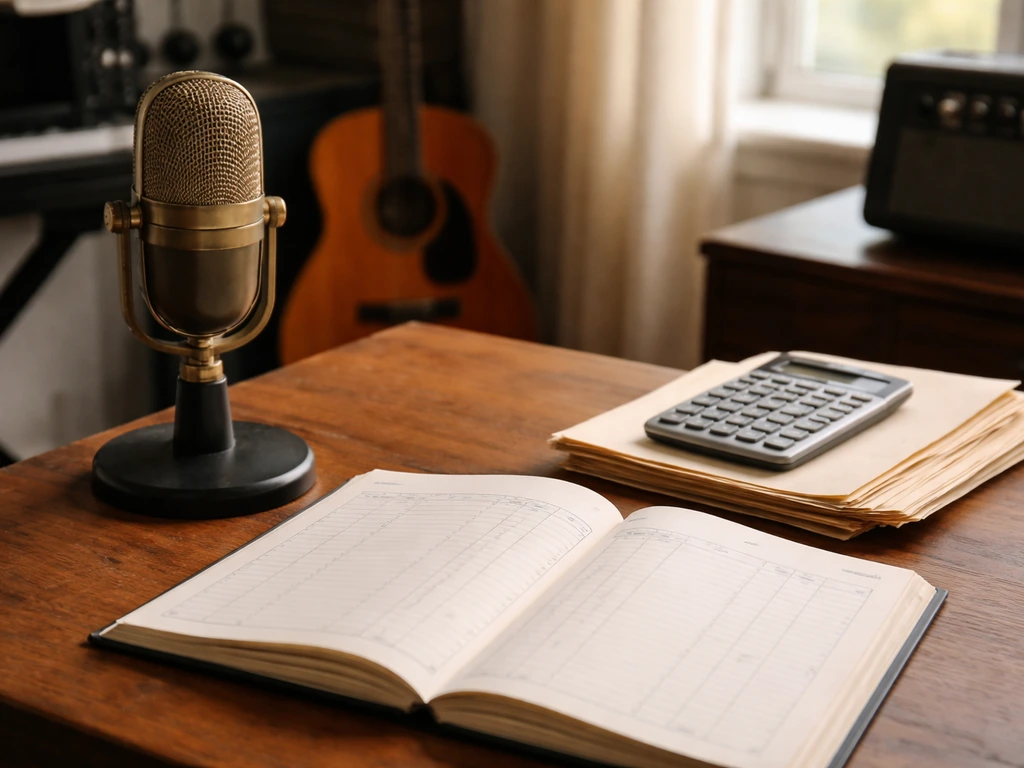Close-up of a music publishing ledger and brass microphone in a quiet studio, symbolizing royalty income tracking.
