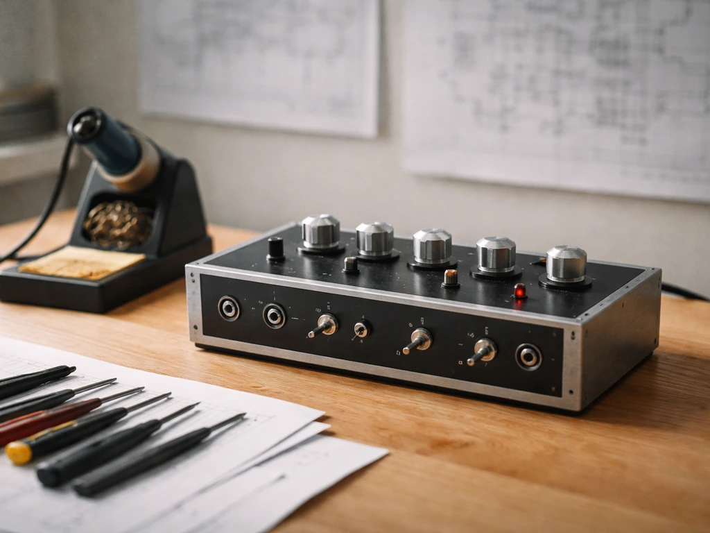 Close-up of a vintage audio electronics workbench with a prototype device and scattered blueprint papers