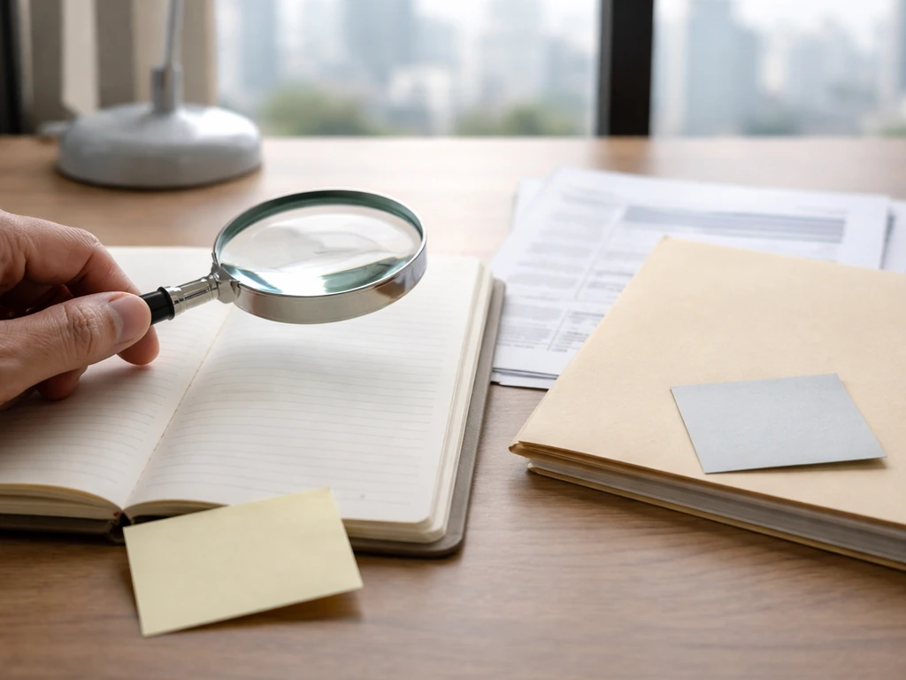 Magnifying glass over blank ledger and financial documents on a desk, suggesting verifying net worth claims.