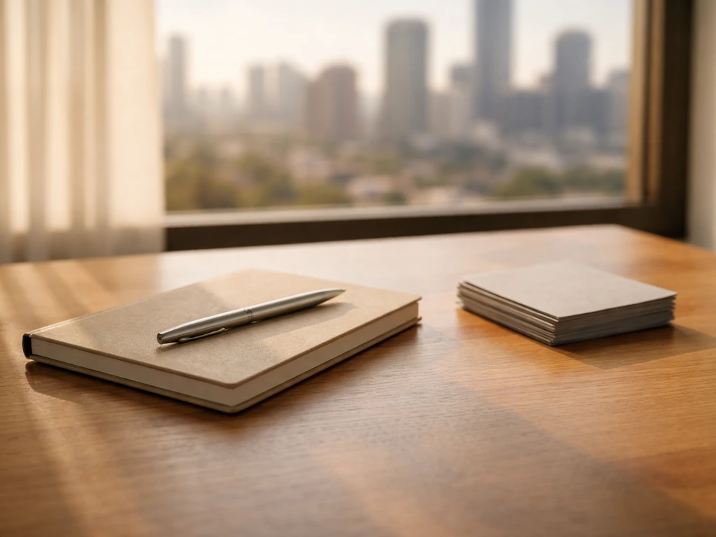 Minimal photo of a desk with a notebook, pen, and blurred city skyline suggesting wealth estimates