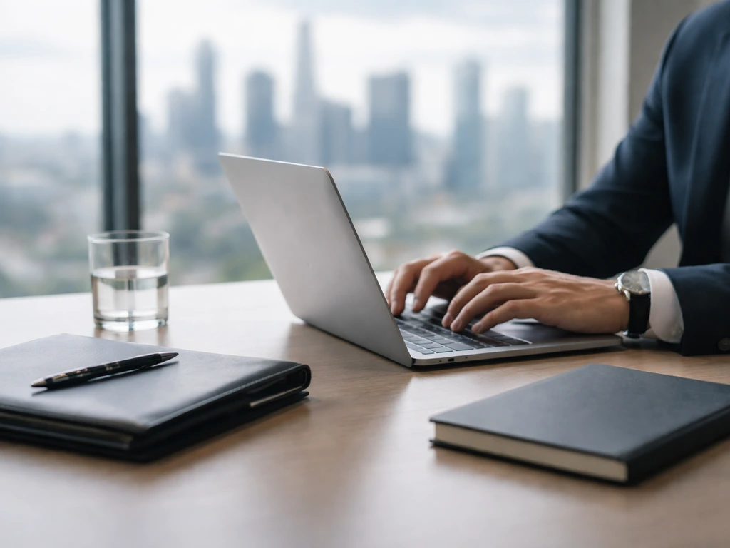 Minimal photo of a private equity professional working at a desk with laptop in a modern finance office
