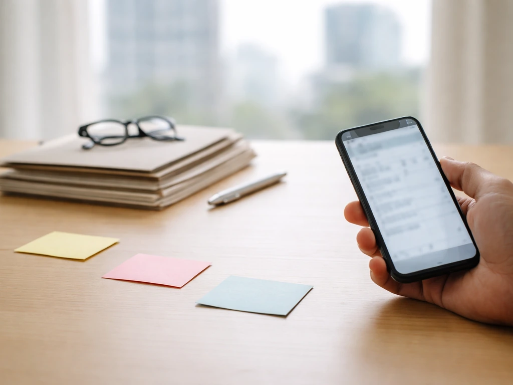 Minimal office desk scene suggesting verifying financial figures over time with folders and a phone