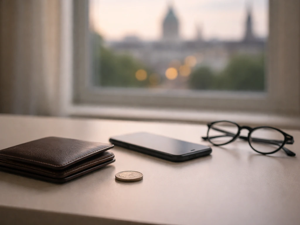Minimal office scene with a blurred city skyline and a purse-like wallet symbolizing multiple public profiles