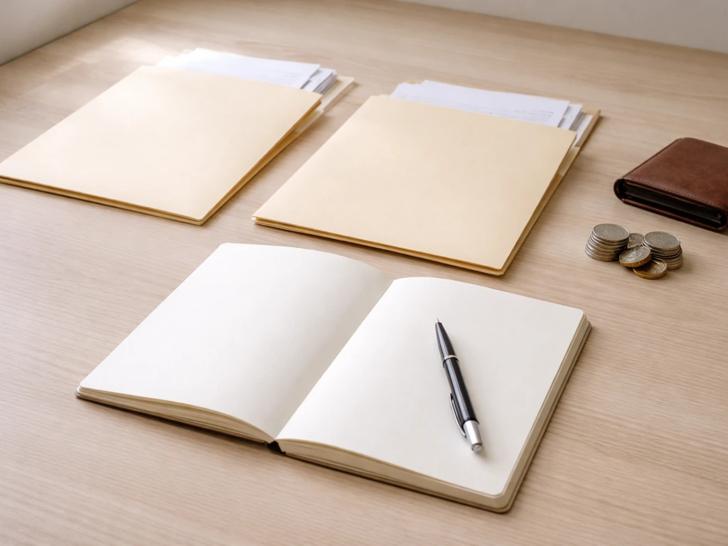 Minimal desk scene with open notebook and two folders labeled assets and liabilities