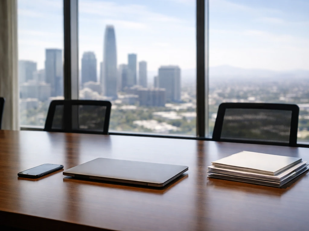 Quiet Silicon Valley office with blurred tech skyline view and a conference room table with financial documents