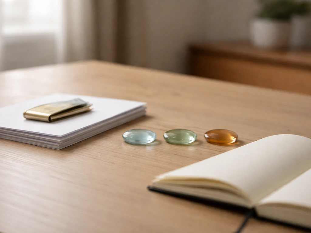 Minimal desk scene with money clip and unlabeled documents symbolizing wealth categories.