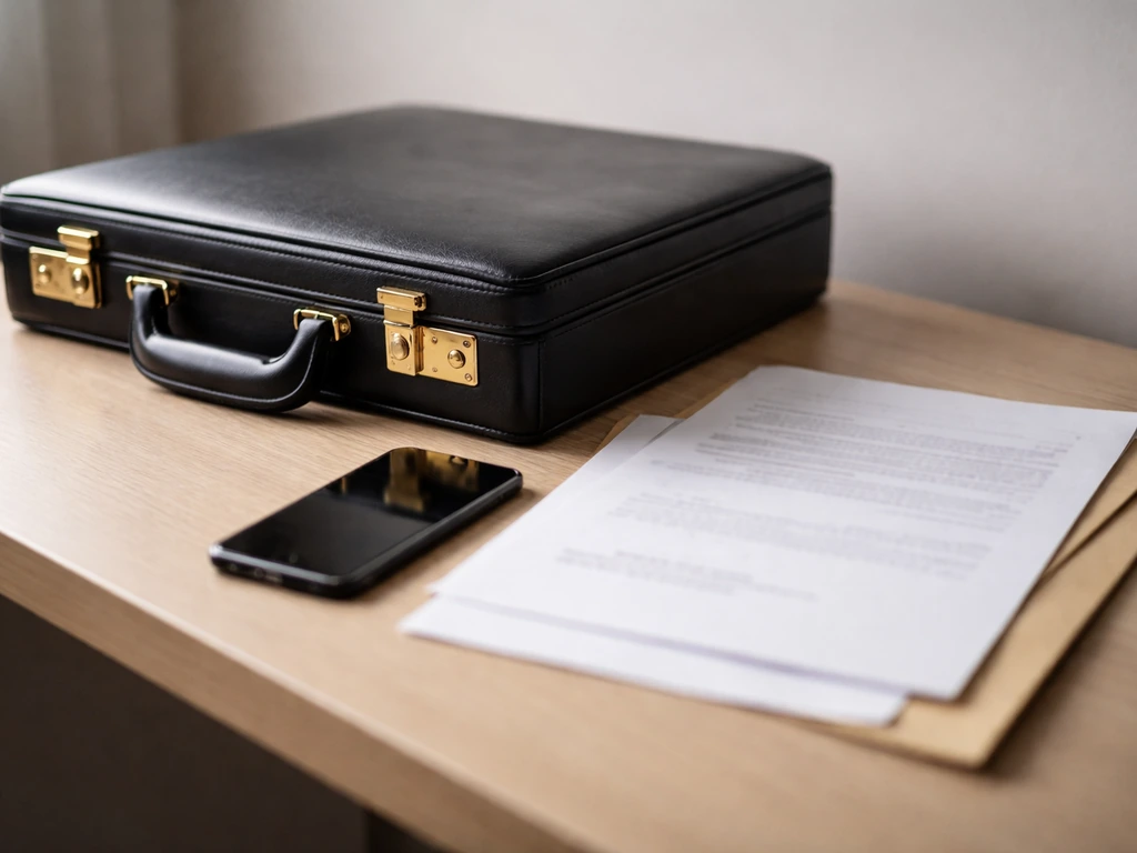 Close-up of an anonymous briefcase and smartphone beside legal papers, symbolizing privacy limits and missing financial