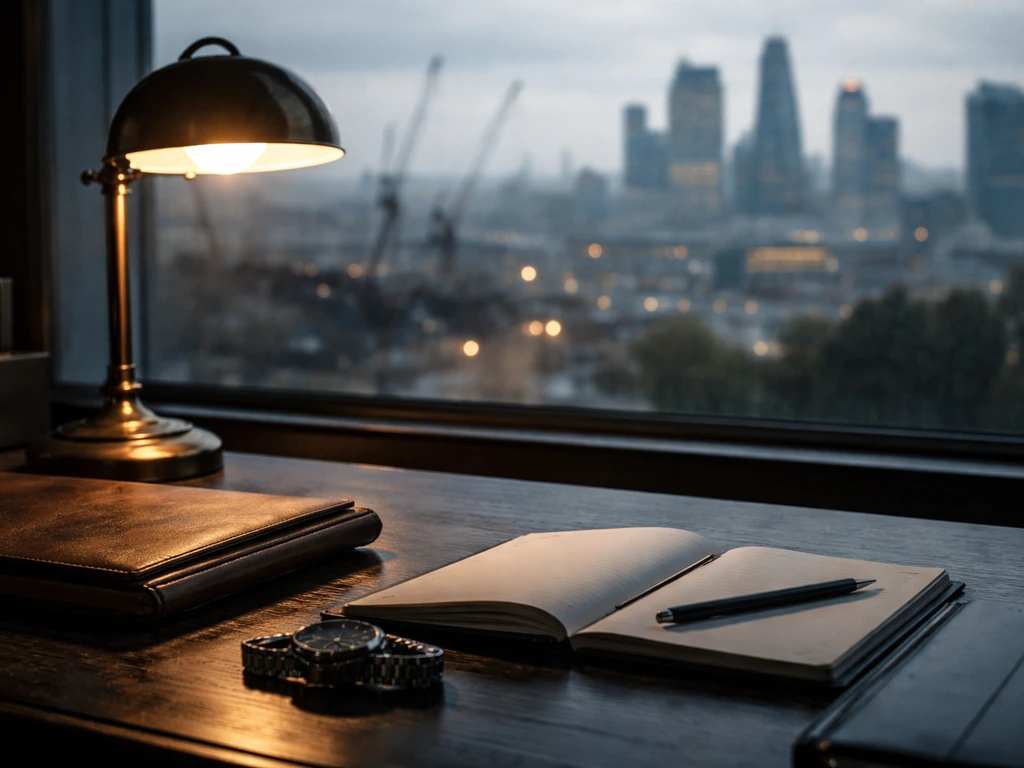 London natural-resources executive desk with lamp and subtle mining/commodities backdrop, no identifiable person.