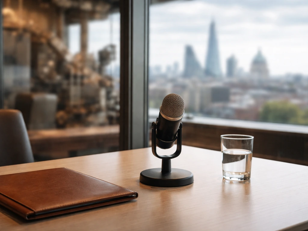 London natural-resources executive vibe: interview mic in a modern office beside a window overlooking the city.