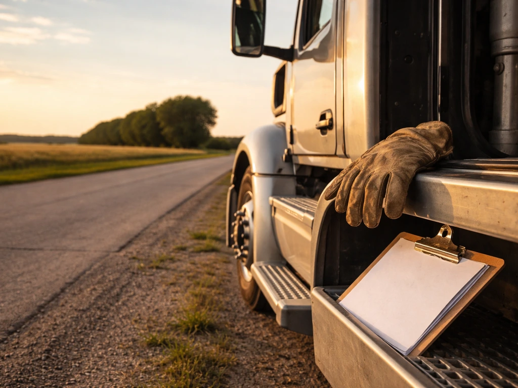 Unbranded semi truck parked on a quiet roadside, work glove on the open cab door—trucking lifestyle vibe.