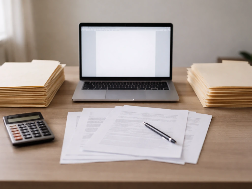 Close photo of an anonymous desk setup with paperwork, folders, and a calculator beside a laptop for net-worth research