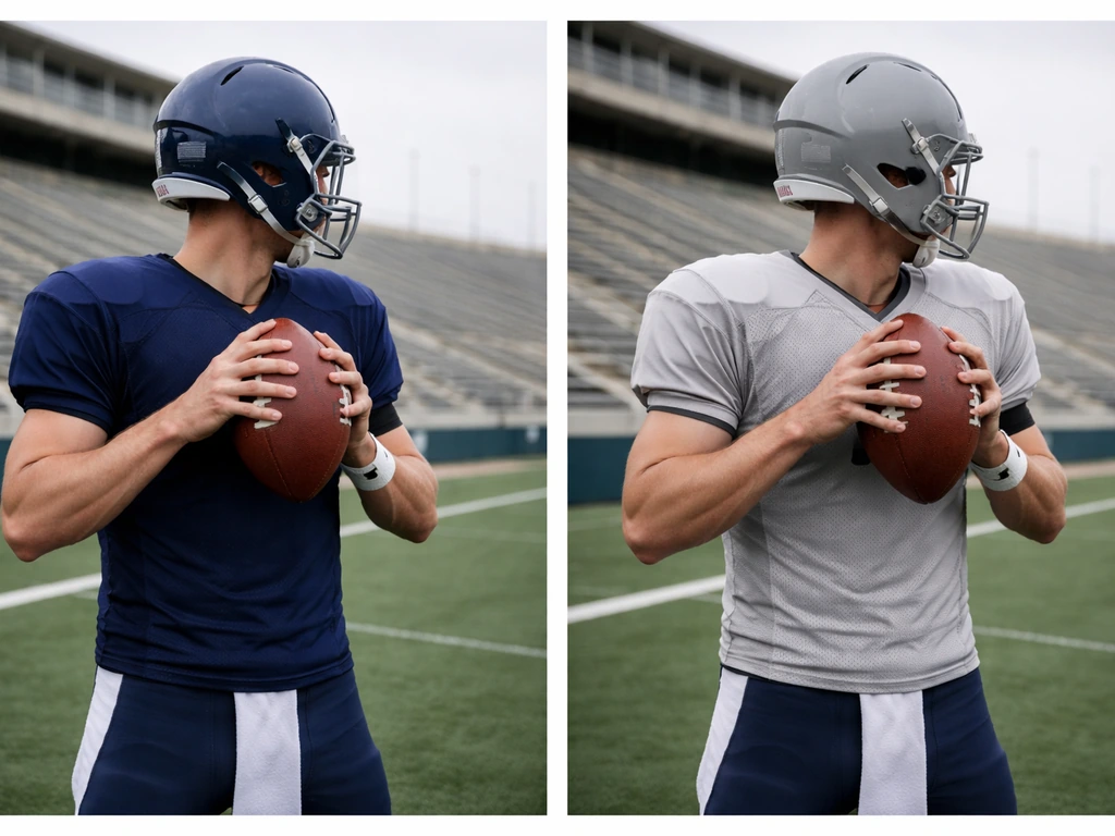 Side-by-side photos of an anonymous quarterback in two different uniforms to show identity verification.