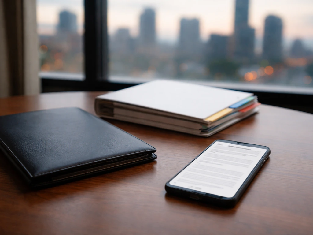 Desk with contract folder and smartphone showing blank financial page, symbolic of NFL contract earnings evidence.