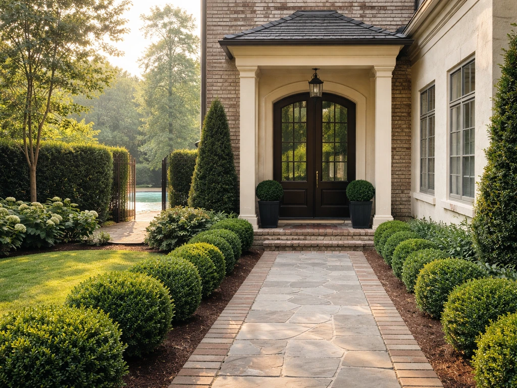 Sunlit Georgia-style home entry with manicured landscaping and a glimpse of a pool