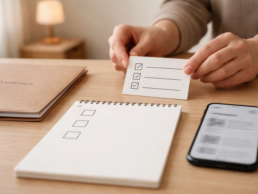 Minimal photo of a workspace with a notebook checklist, contract folder, and smartphone for verifying claims