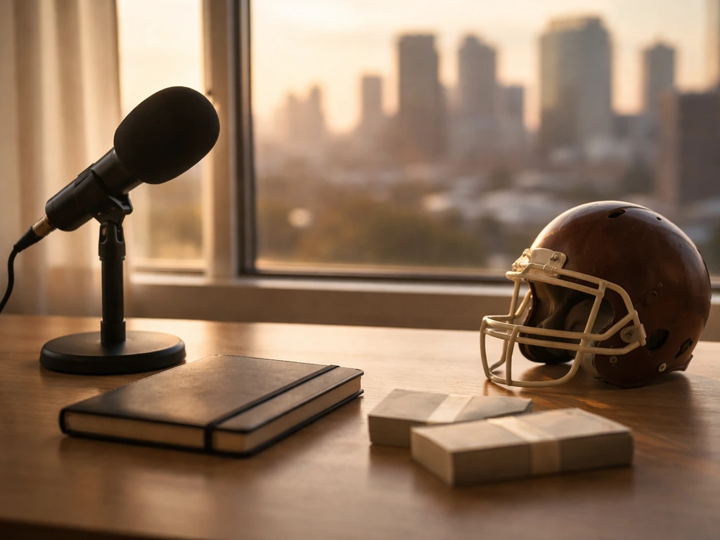 Minimal photo of a desk setup with a microphone and investment-themed city view, symbolizing wealth analysis.