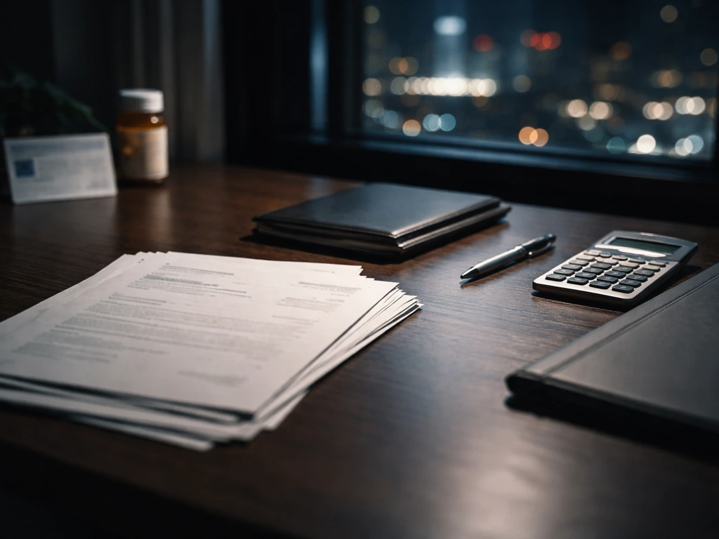 Cinematic desk scene with scattered finance documents, blurred city light outside, and a subtle health/portfolio vibe.