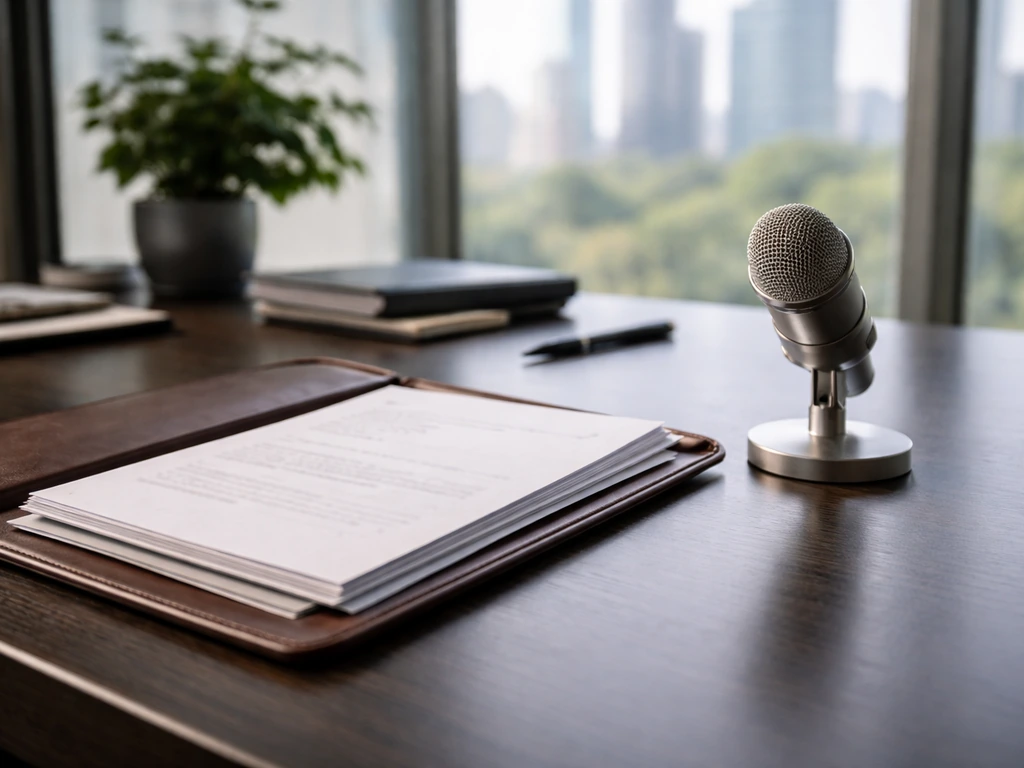 Quiet office desk with unbranded investment documents and a microphone, blurred skyline outside.