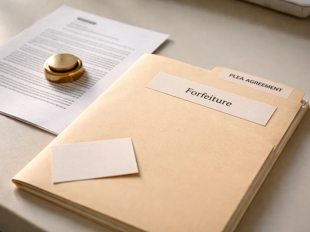 Close-up of a sealed legal folder and a single document page labeled by category, symbolizing verified DOJ forfeiture ev