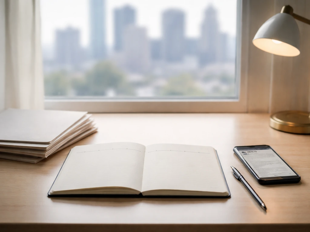 Minimal desk with blank timeline notebook, documents, and smartphone, suggesting verifying public financial figures.