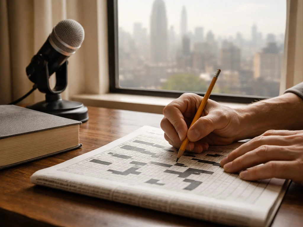 Anonymous crossword editor at a desk with a newspaper crossword grid, hinting at The New York Times