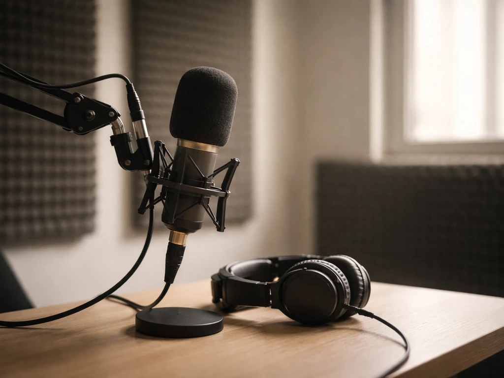 A quiet NPR-style radio studio with a microphone on a desk and headphones, ready for a weekend show