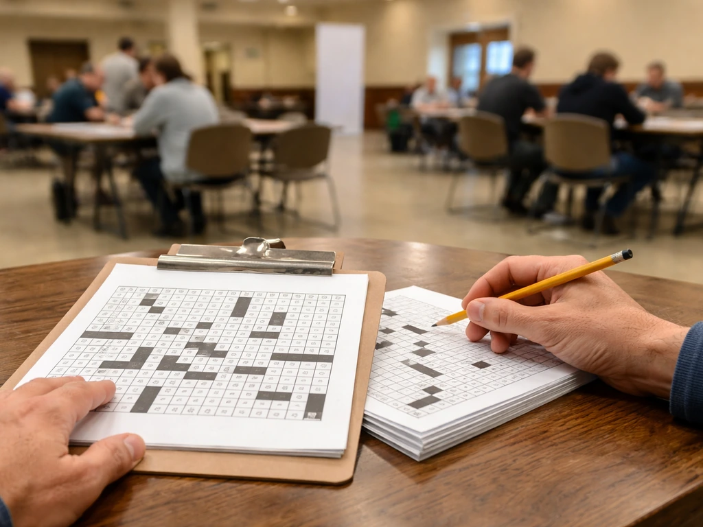 Hands poised with a pencil over blank crossword sheets at a tournament table in a bright hall.